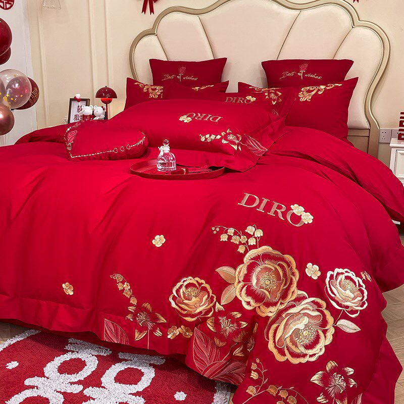 中式婚庆100支长绒棉全棉四件套刺绣结婚陪嫁被套大红色Z床上用品,床上用品,婚庆床品套件,淘宝优惠券,粉丝福利购,淘宝优惠卷
