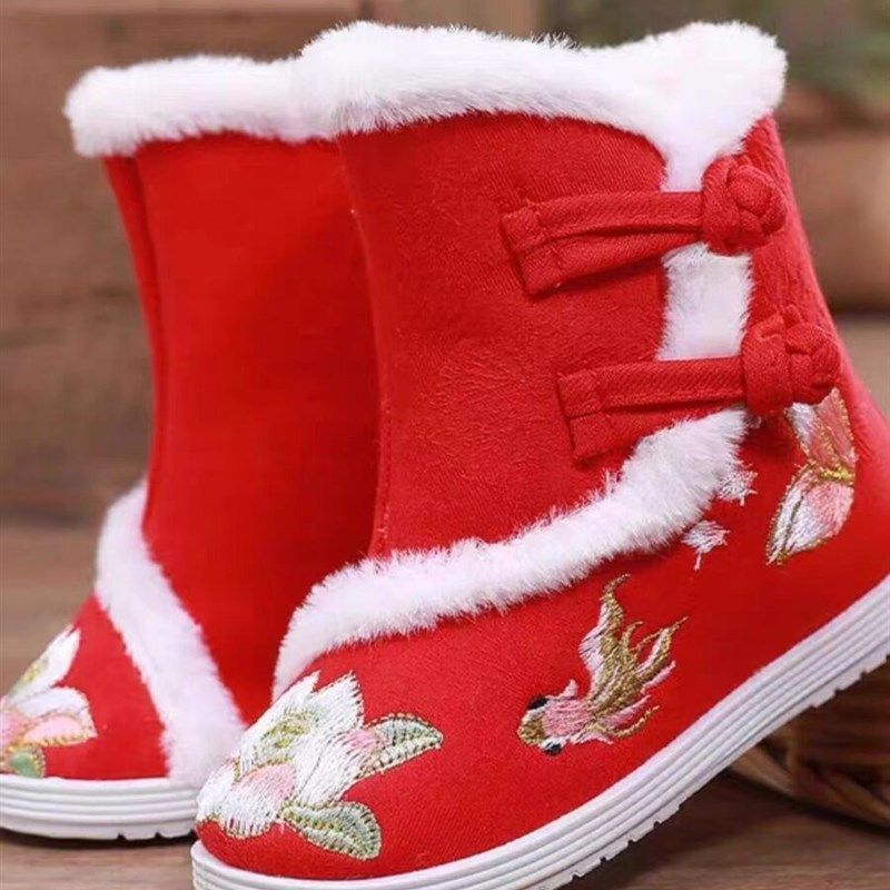 汉服鞋子女童冬季中国风拜年鞋男童红色棉靴古装绣花鞋民族风靴子