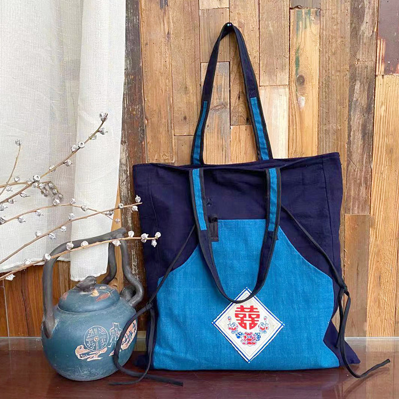 上海手织布老布手工土布包喜字肚兜挎包单肩包女士购物袋中号纯棉