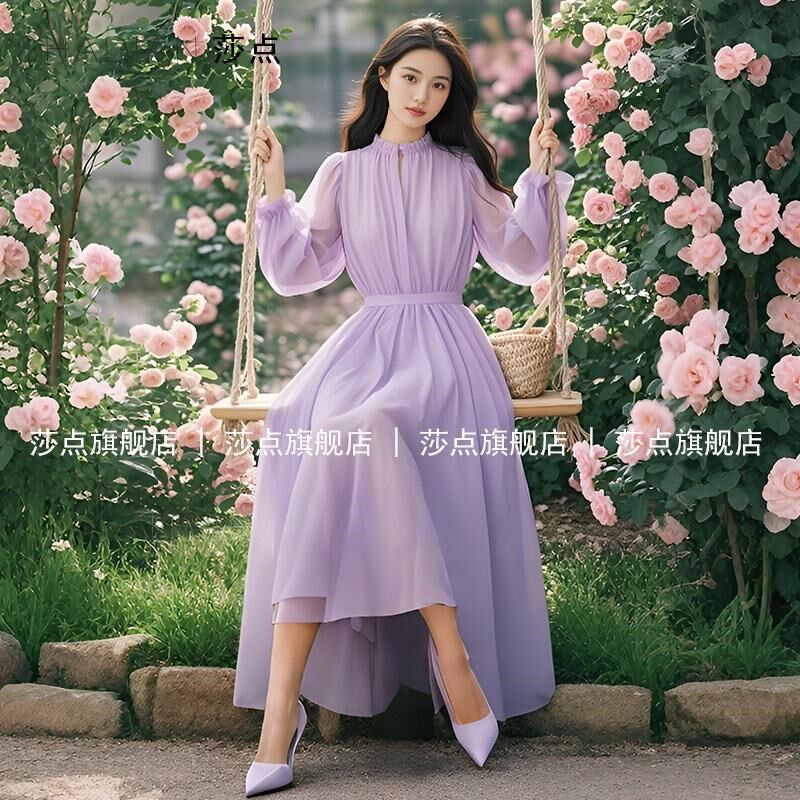 法式紫色长袖连衣裙女2025春秋新款温柔气质收腰长裙度假裙礼服裙