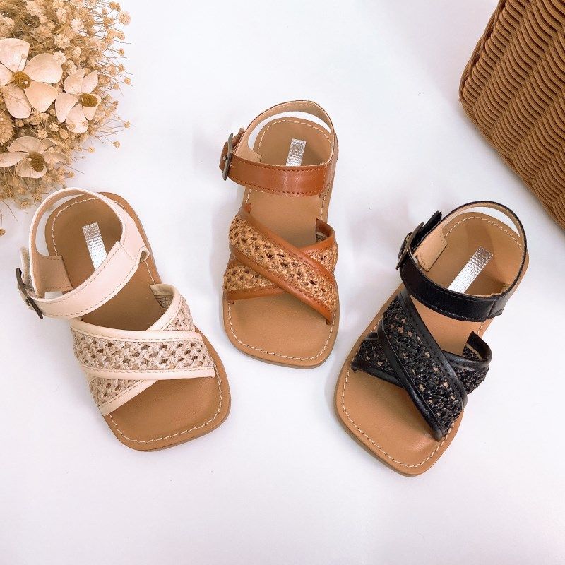 韩国童鞋2022女童夏季新款韩版森系复古编织交叉凉鞋儿童公主凉鞋