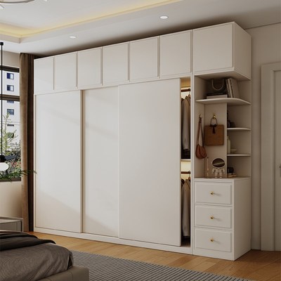 推拉门衣柜家用卧室实木现代简约奶油风18MM厚小户型储物趟门衣橱