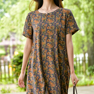 显瘦中老年裙子 洋气大码 棉绸连衣裙夏季 人造棉绵绸妈妈印花裙时尚