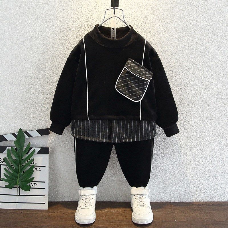 男童春装套装2023春秋新款儿童韩版洋气宝宝时髦卫衣拼色两件套潮