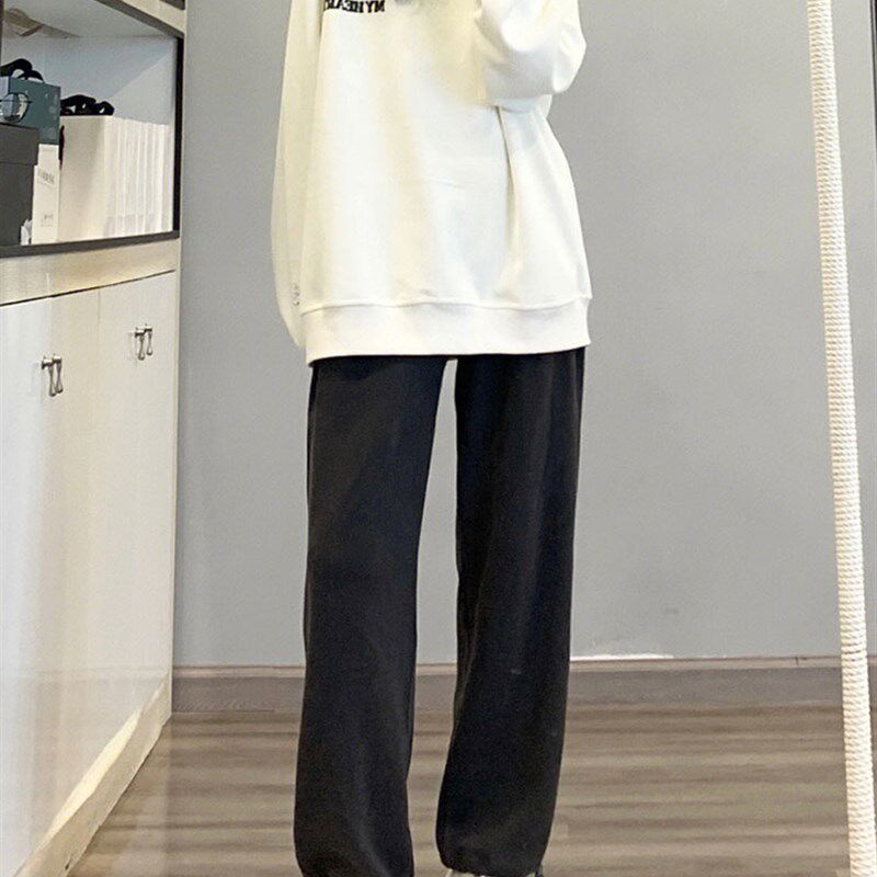 深灰色休闲束脚运动卫裤女春秋大码胖mm高腰显瘦梨形身材直筒裤子