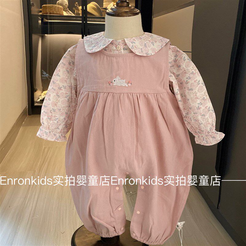 婴儿秋装女宝宝甜美背带裤碎花上衣套装幼儿秋季淑女连体衣两件套