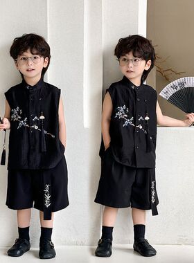 男童新中式马甲短裤套装2024夏季新款薄料立领潮范儿童国风洋气