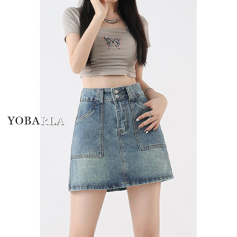 复古蓝牛仔短裙女夏季高腰大码胖mm遮肚子显瘦梨形身材a字半身裙