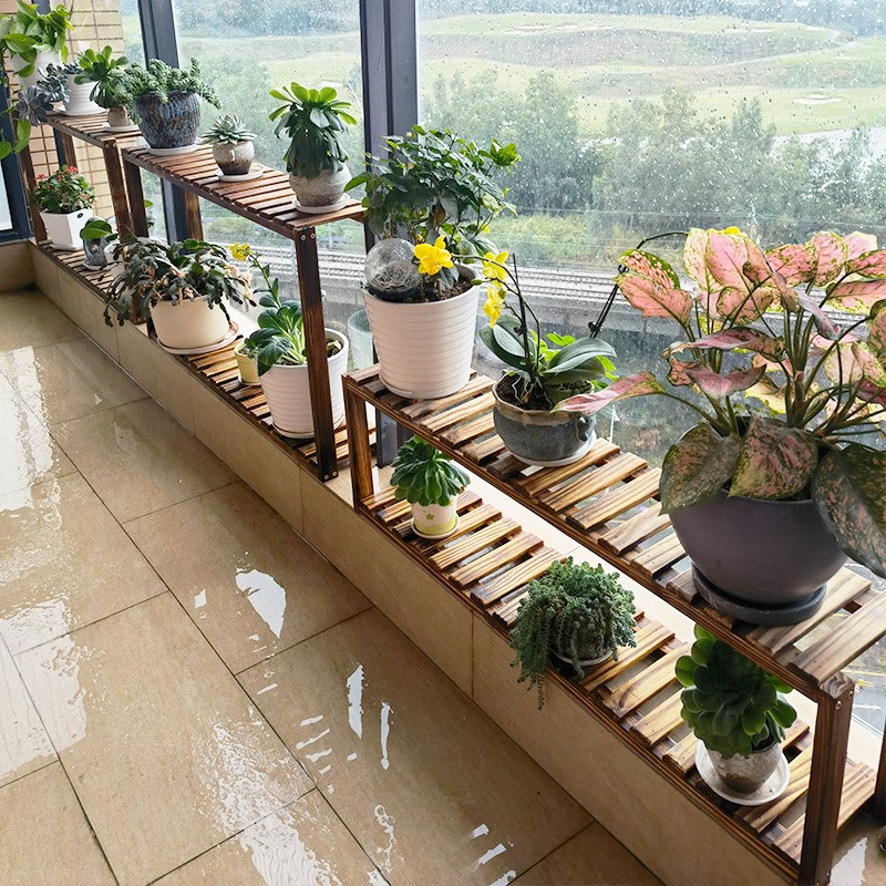 放在窗台上的花架实木落地多层花架高低脚阳台加宽台面新款花盆架