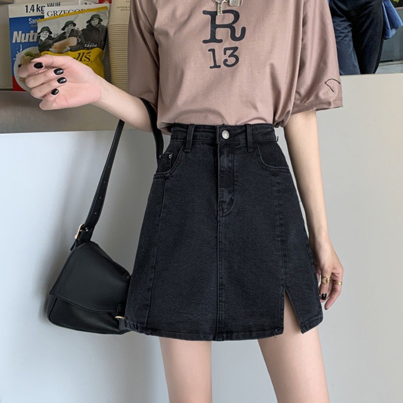 薄款防走光开叉包臀牛仔半身裙女夏季大码胖妹妹mm显瘦高腰a字裙