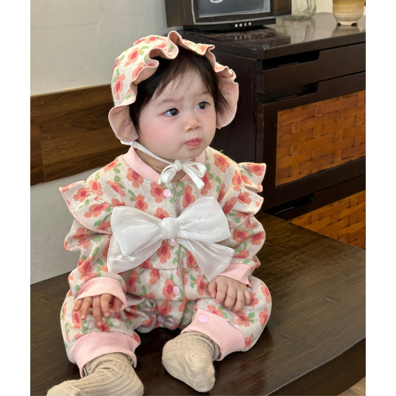 新生婴儿针织连身衣春秋装女宝宝外出洋派花朵满月周岁公主爬服