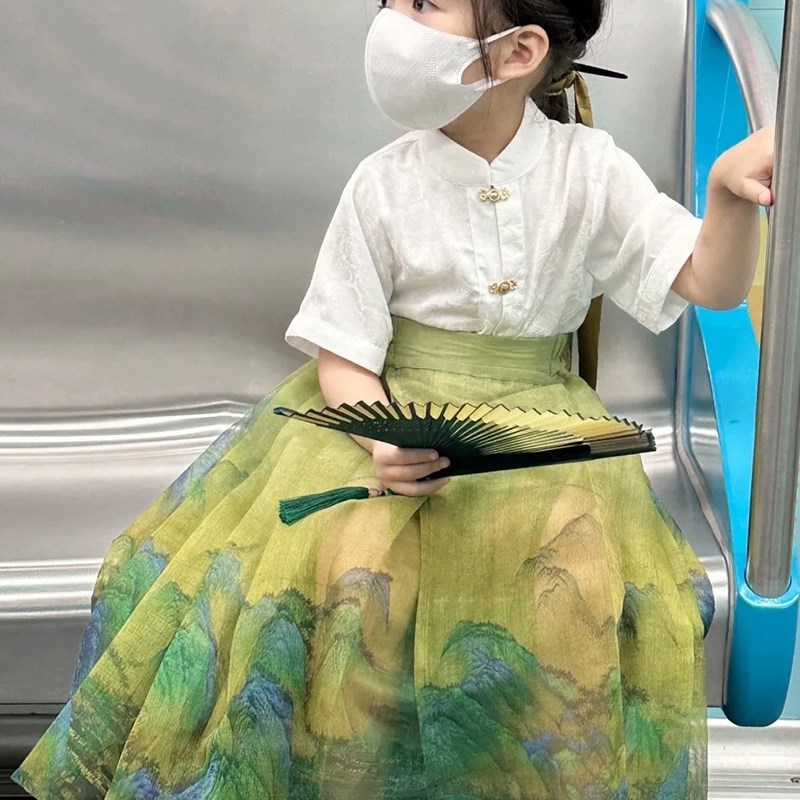 女童汉服古装超仙千里江山马面裙小童儿童夏季薄款短袖绿色高端男