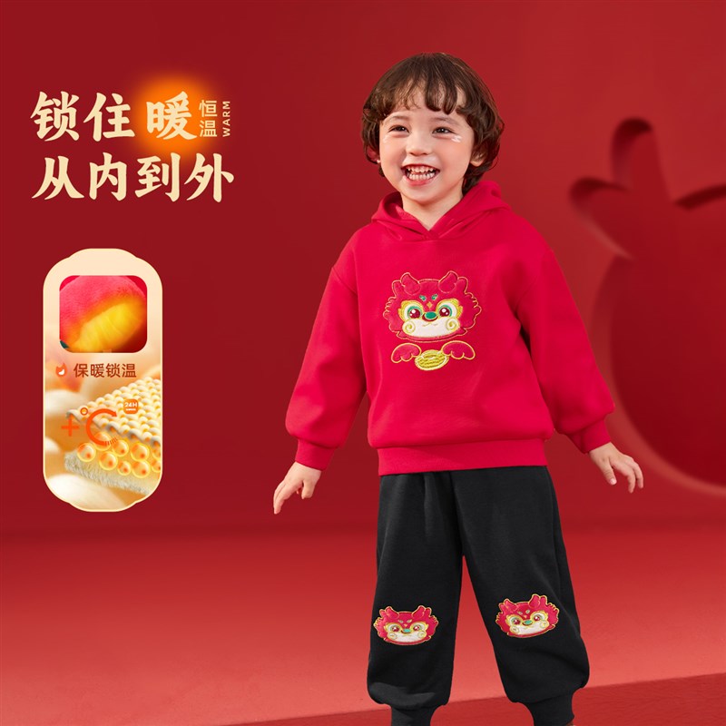 男童套装加绒新年款冬季宝宝上衣婴儿拜年服童装儿童过年衣服红色