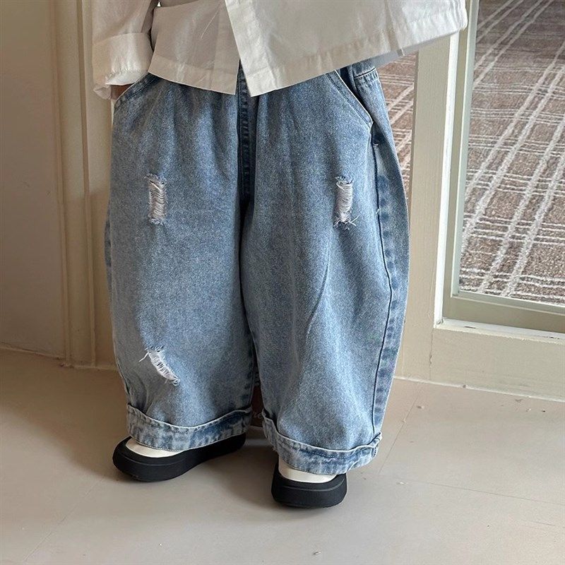 暮晨家新款春装2025男童破洞牛仔裤长裤中小童宽松阔腿裤萝卜裤