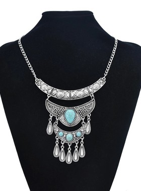 民族风项链女复古2021年新款绿松石饰品流苏长款表演旅游拍照金属