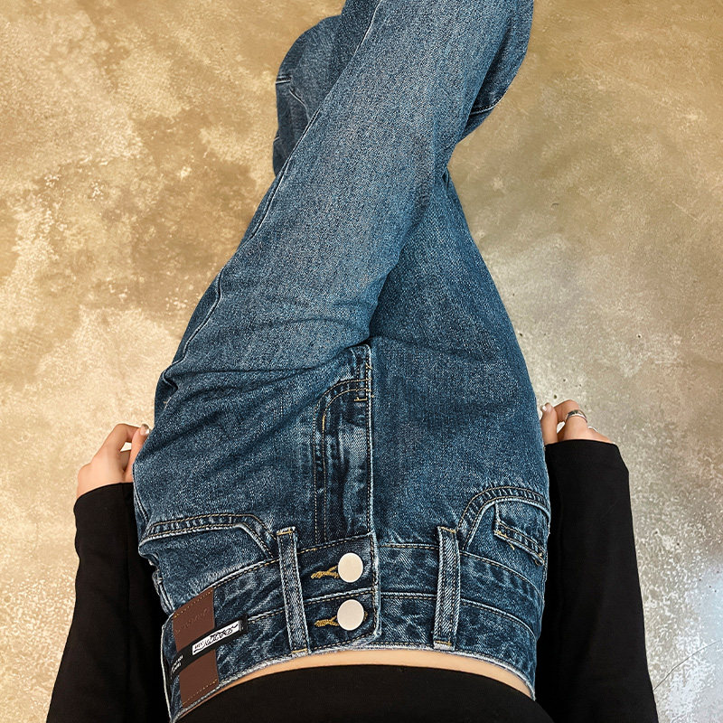 高腰阔腿牛仔裤女春秋新款小个子显瘦窄版水洗复古蓝直筒裤子九分