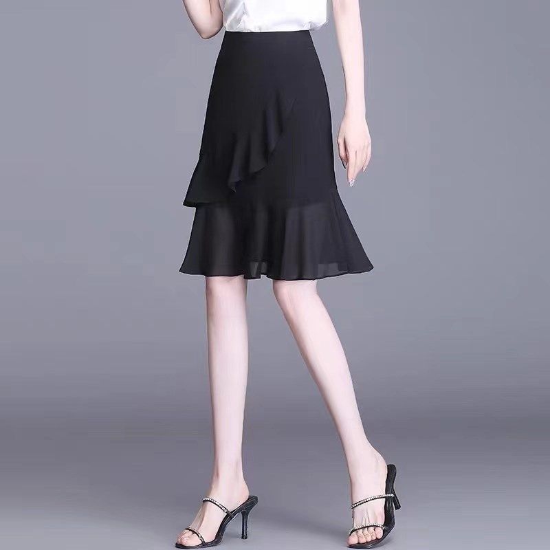 雪纺半身裙女夏季2024新款高腰显瘦垂感黑色a字荷叶边包臀鱼尾裙
