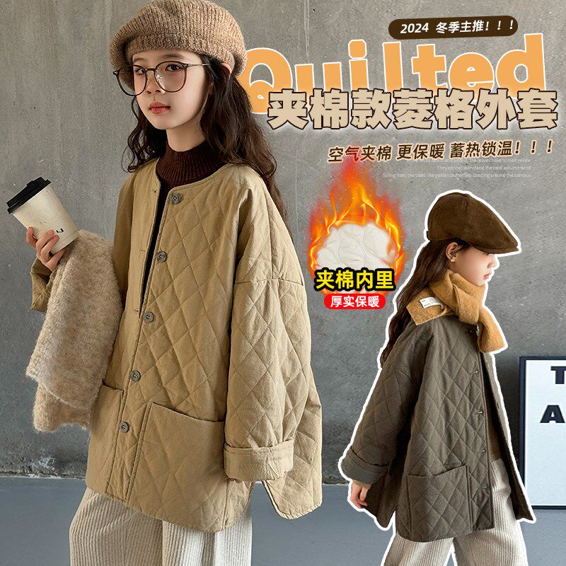 女童中长款棉服2024新款大童加厚棉衣儿童秋冬外套格子宽松亲子装