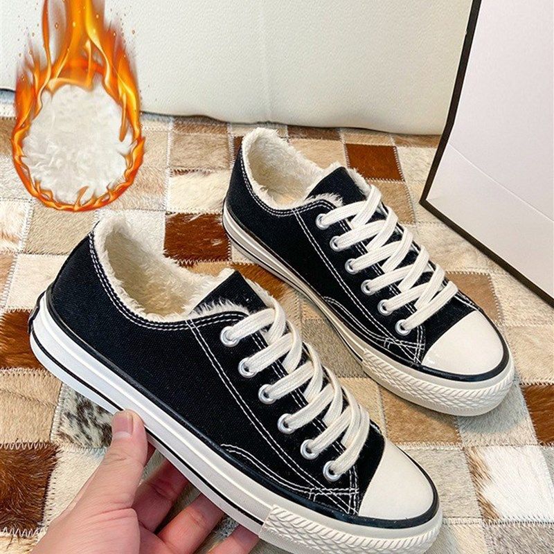 大童帆布鞋低帮2023新款秋冬加绒保暖黑色鞋子男女童学生韩版板鞋