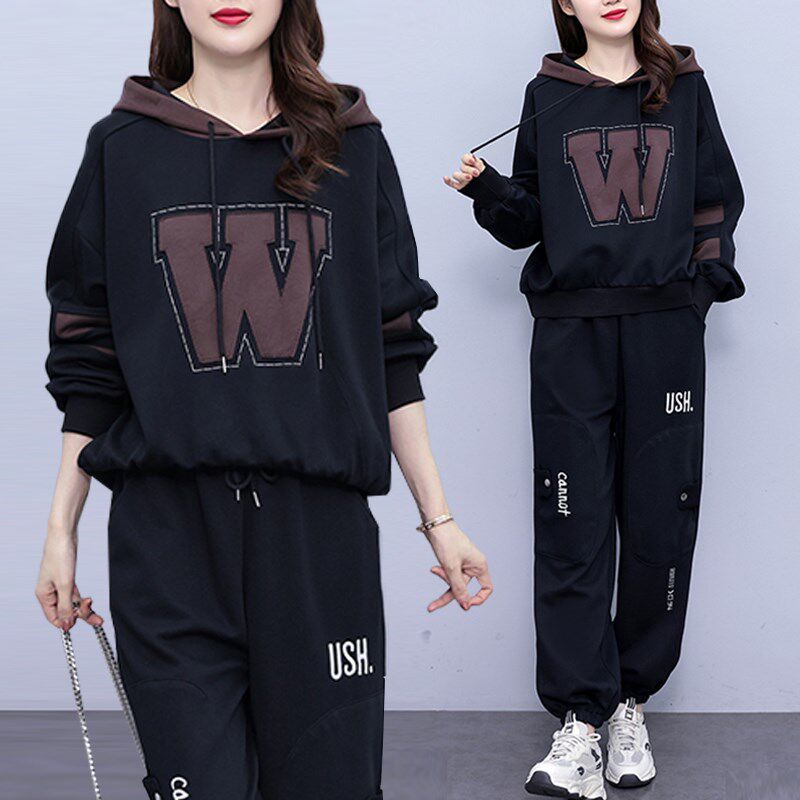 大码春春季长袖圆领卫衣+哈伦裤女休闲两件套女胖mm时尚运动套装