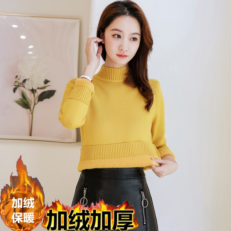 半高领加绒毛衣女秋冬一体绒加厚针织衫短款小个子上衣内搭打底衫