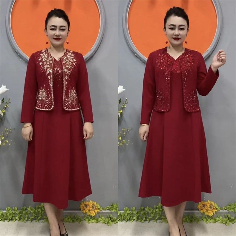 洋气婚礼服高贵喜婆婆婚宴旗袍小个子妈妈两件套装中年气质连衣裙