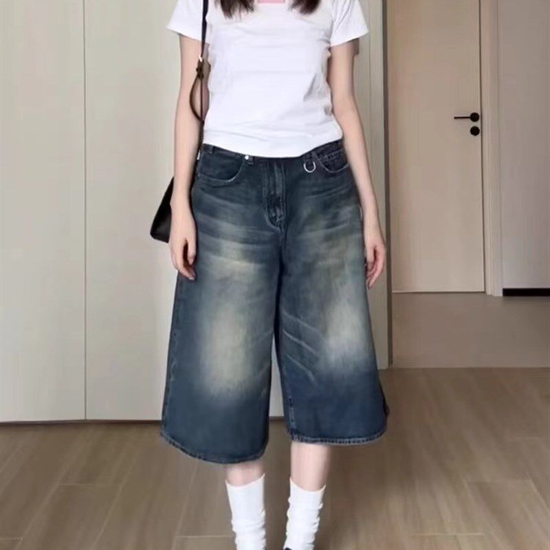 做旧七分牛仔短裤女夏季新款美式街头宽松阔腿显瘦百搭直筒中裤子