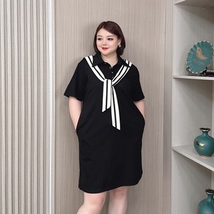翻领短袖连衣裙女夏季新款大码女装胖mm宽松显瘦披肩飘带T恤裙子
