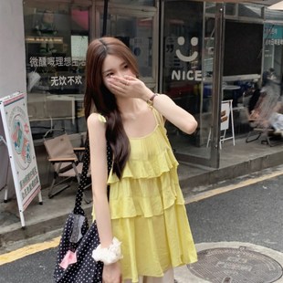 上衣 休闲显瘦温柔风无袖 小清新黄色荷叶边吊带背心女夏季 2024新款