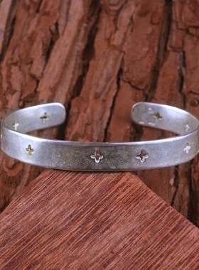 伊瓦岚 M.A+经典复古手工十字架镂空纯银手镯女男开口十字手环潮