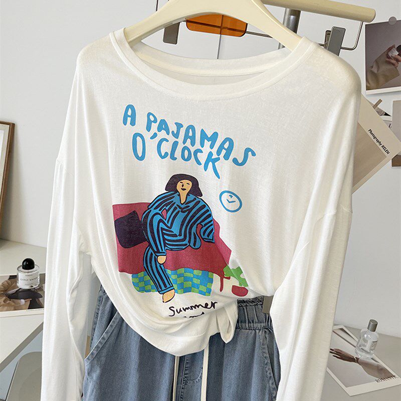 文艺复古印花~白色大领口圆领防晒衣罩衫宽松慵懒风T恤女长袖上衣