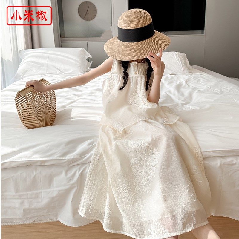 韩版无袖娃娃衫刺绣背心裙夏季新款女大童半身纱裙套装两件套长裙
