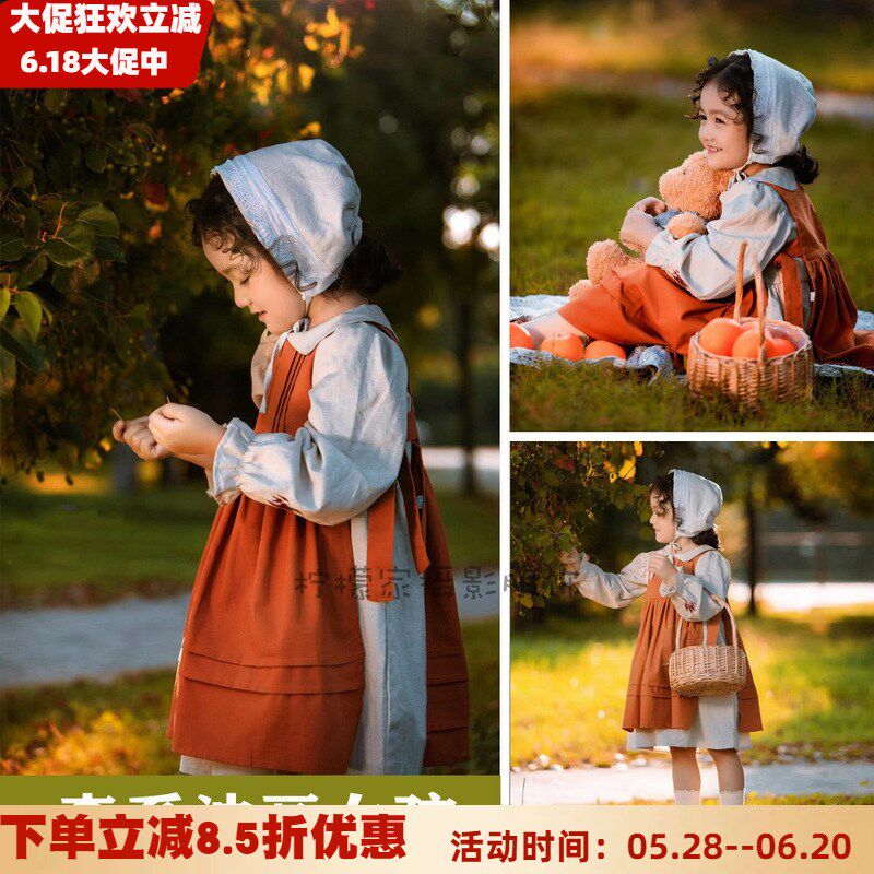 春秋油画风复古小画家外景影楼拍照连衣裙文艺女孩写真背带裙套装图片
