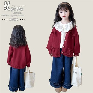 2024新款秋装女童红色开衫毛衣外套针织衫女孩秋天毛线衣洋气时髦