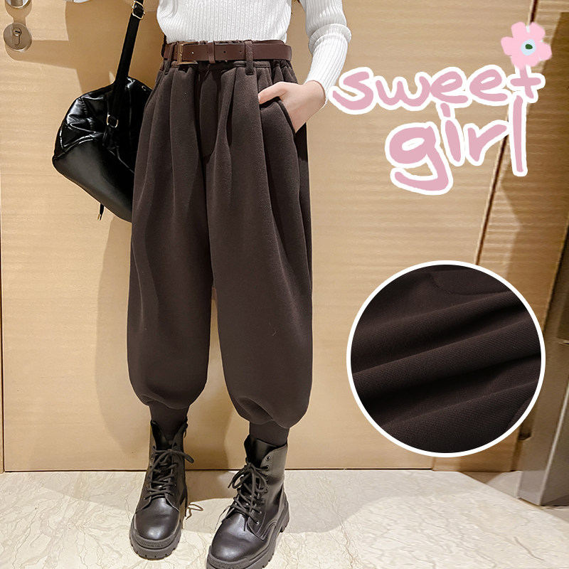 女童加绒运动裤秋冬季时髦炸街束脚卫裤儿童毛呢裤大童加厚靴裤潮