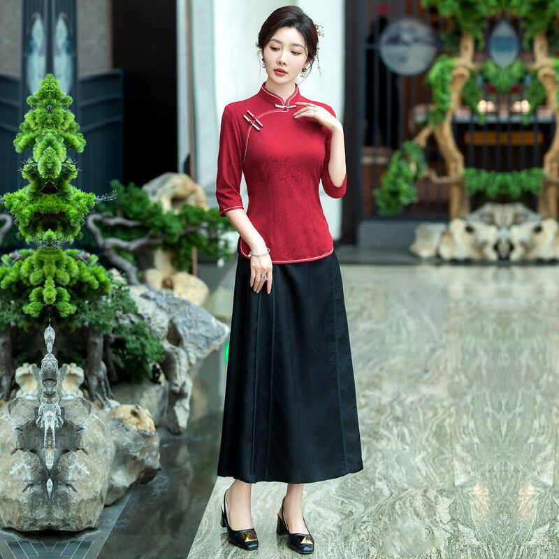 旗袍式上衣春夏季新款改良汉服唐装复古中年女时尚妈妈日常七分袖