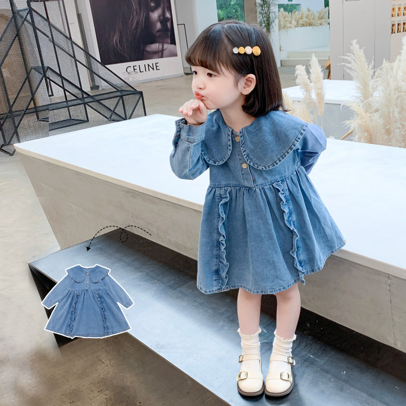 女童春秋装长袖连衣裙2021新款洋气宝宝公主裙子小童韩版牛仔裙子