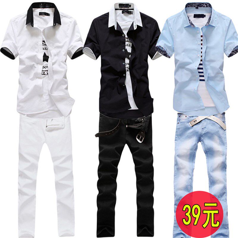 夏季新款短袖衬衫男士韩版修身帅气休闲套装潮流衬衣服青少年裤子