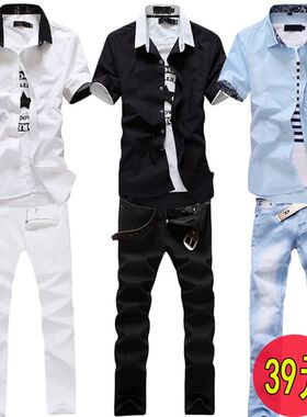 夏季新款短袖衬衫男士韩版修身帅气休闲套装潮流衬衣服青少年裤子