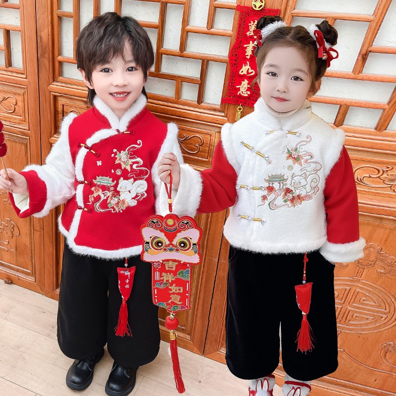 汉服男童拜年服国风冬季儿童喜庆新年唐装女宝宝周岁礼服冬装古装