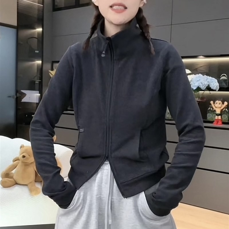 2024秋冬新款小众德绒立领显瘦外套女老钱风百搭拉链开衫夹克衫潮