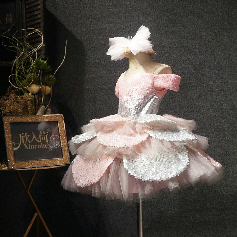 儿童礼服一字肩短款亮片渐变蓬蓬裙公主裙女童花童主持钢琴演出服