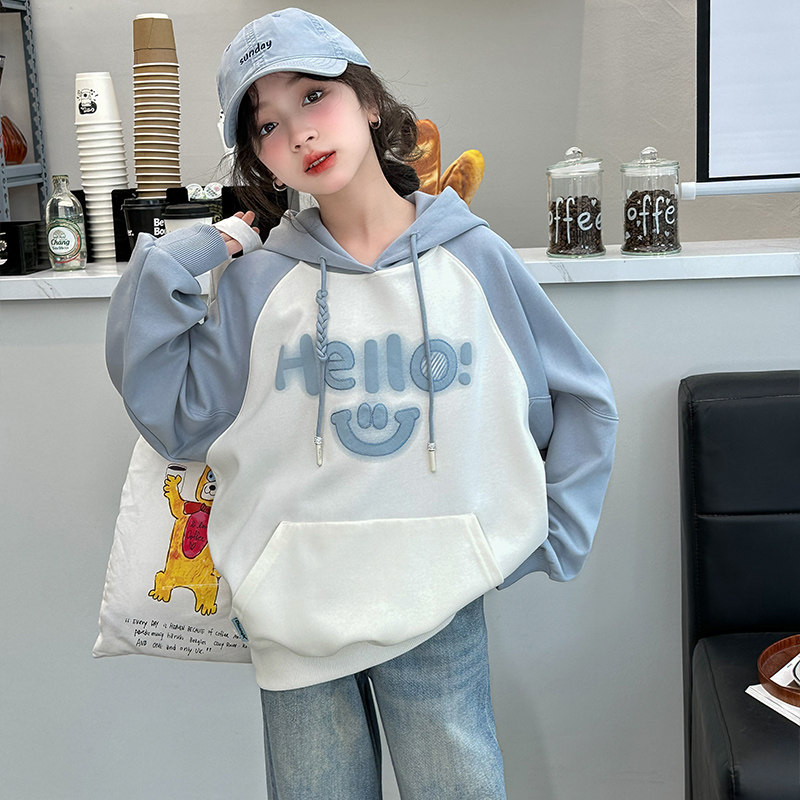 女童卫衣秋装2024新款洋气女大童春秋连帽上衣儿童牛仔阔腿裤套装