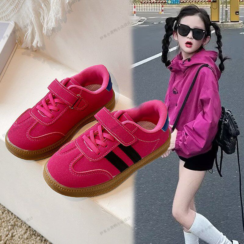 玫红色德训鞋女童鞋子2025春夏魔术贴运动鞋儿童板鞋软底平底鞋潮