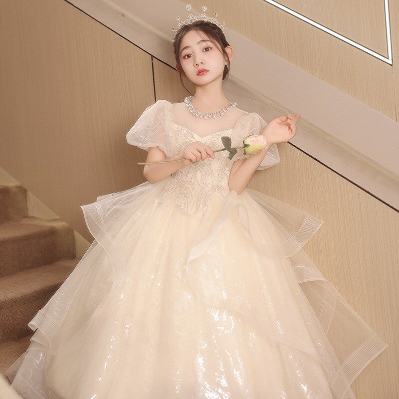 香槟色儿童走秀礼服2025春夏甜美可爱圆领泡泡袖蓬蓬纱女童演出服