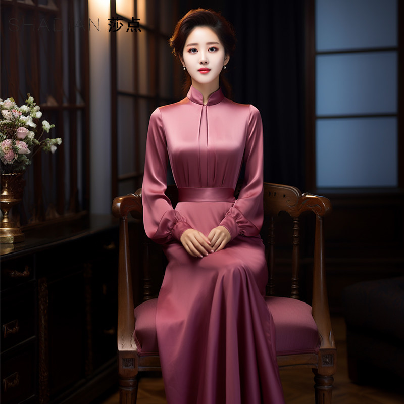 醋酸缎面连衣裙高端气质礼服过膝长裙春季新款喜妈妈喜婆婆婚宴装