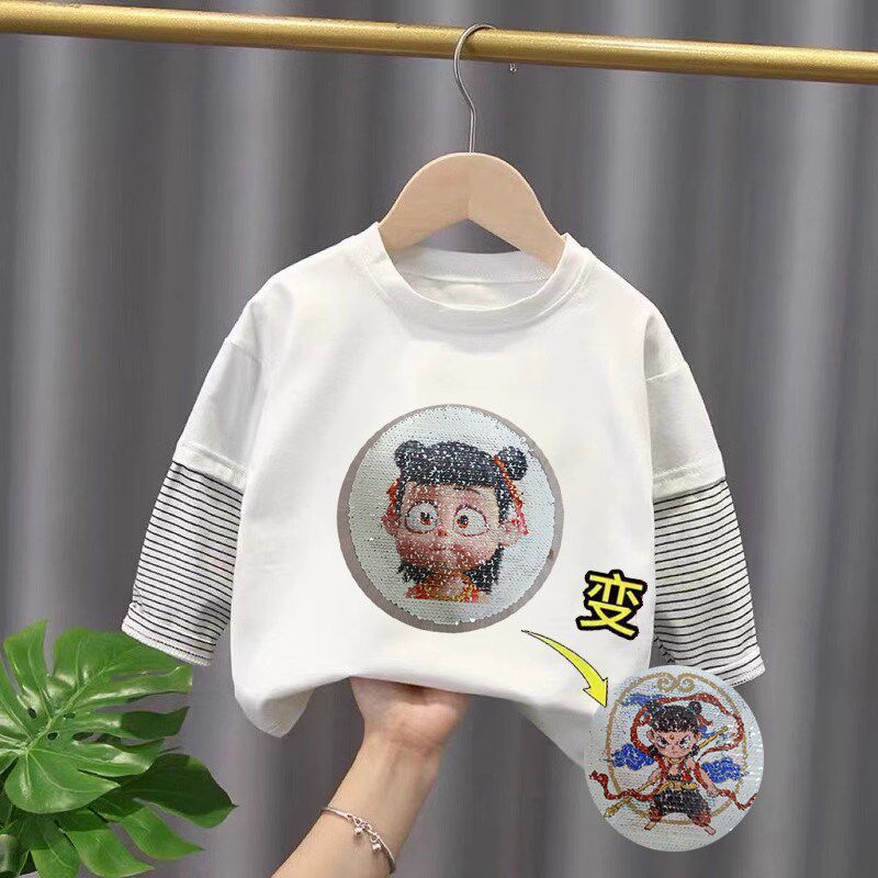 儿童假两件春秋新款卡通哪吒亮片圆领衣服男女童变色纯棉长袖t恤
