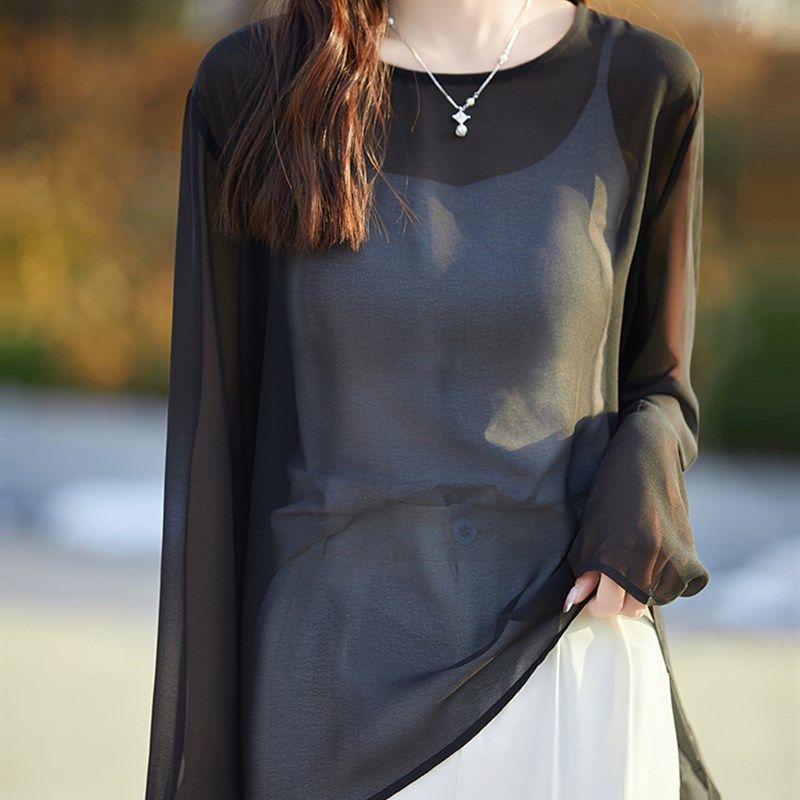 乔其纱长袖防晒衫女夏季新款纯色罩衫超薄空调衫休闲外搭短袖上衣