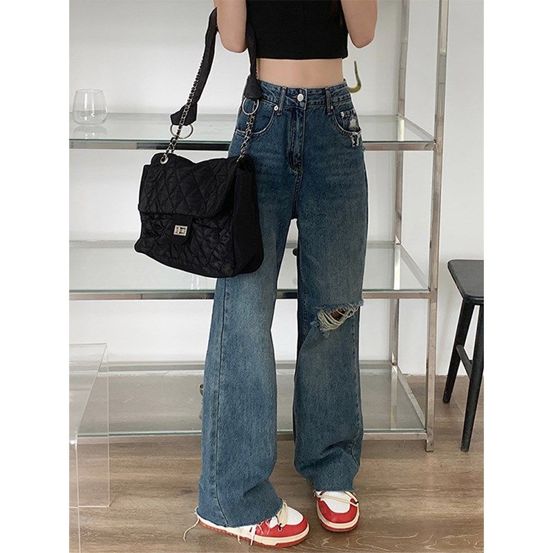 破洞牛仔裤女夏新款胖妹妹mm高腰宽松显瘦毛边阔腿裤梨形身材裤子
