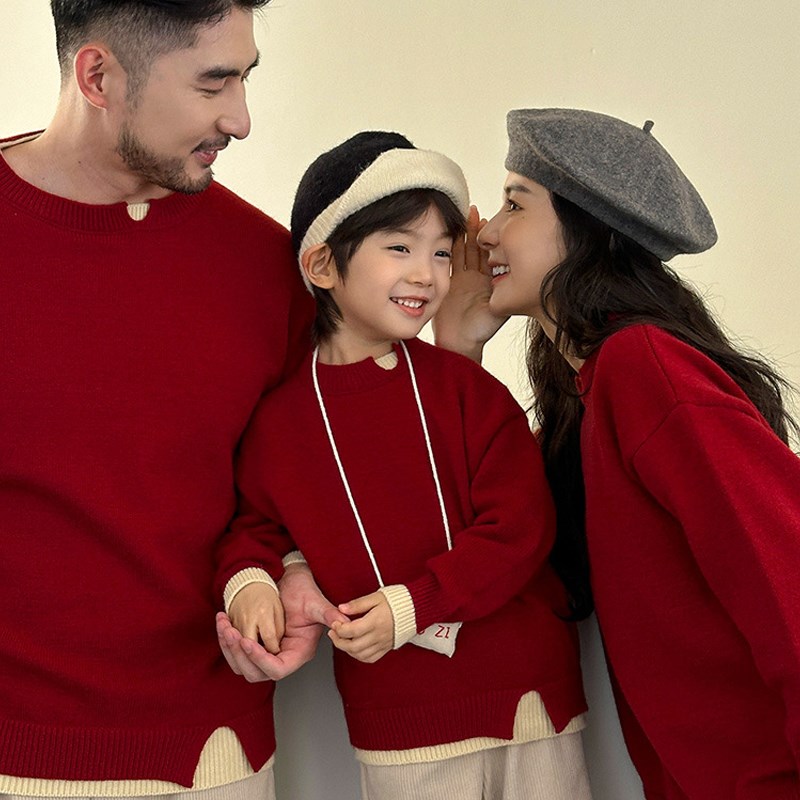 亲子装儿童拜年服炸街2024冬新年一家三四口母子母女过年红色毛衣